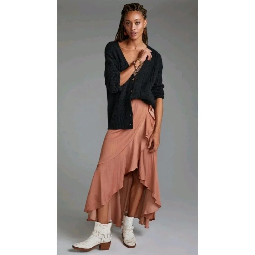 Anthropologie Pointelle Cardigan Sz Small Boho Oversized Cable-Knit Slouchy  Blk - Picture 2 of 11